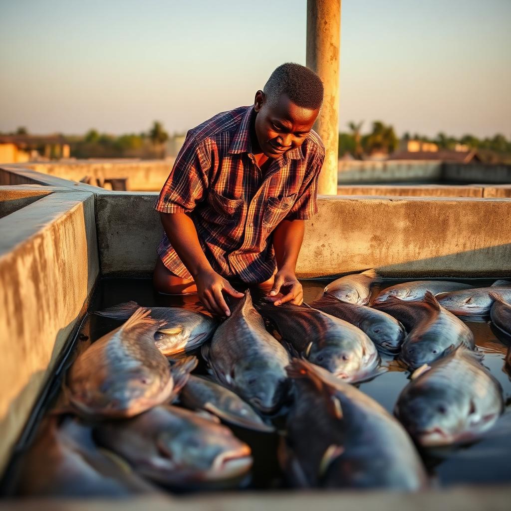 A Nigerian catfish farmer inspecting healthy African catfish in a concrete pond at golden hour.