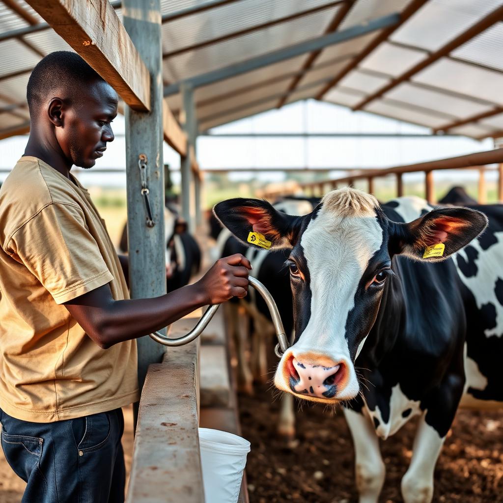A Kenyan dairy farmer milking a healthy Friesian cow in a clean zero-grazing shed in the highlands.