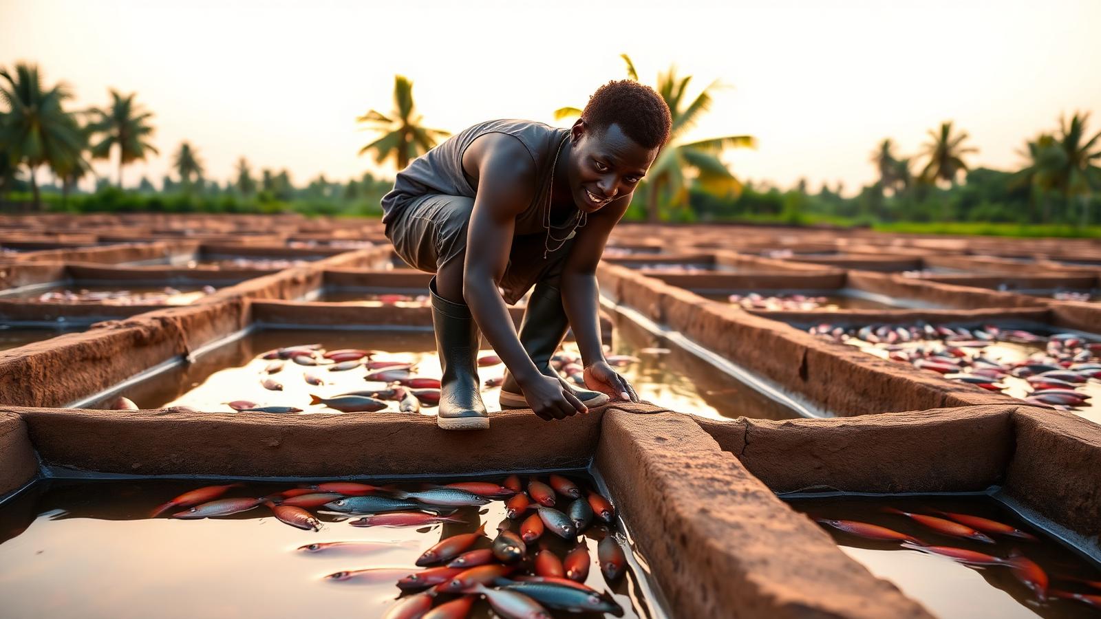 A Ghanaian fish farmer feeding tilapia in earthen ponds at golden hour, palm trees in the background.