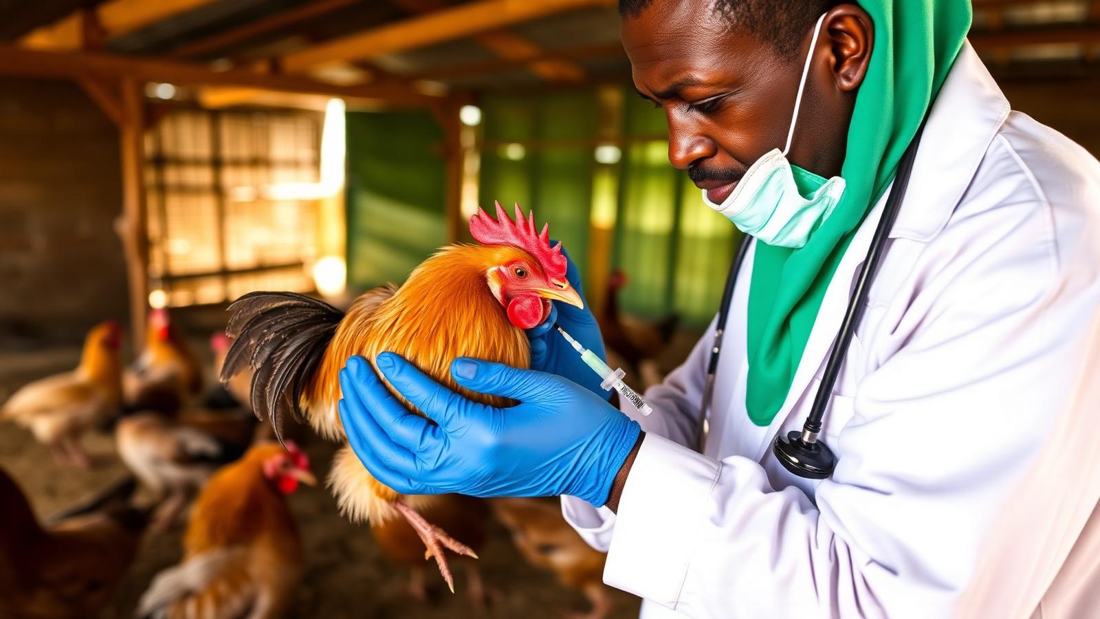 Ghanaian veterinarian vaccinating a healthy chicken against Newcastle disease in a rural coop.