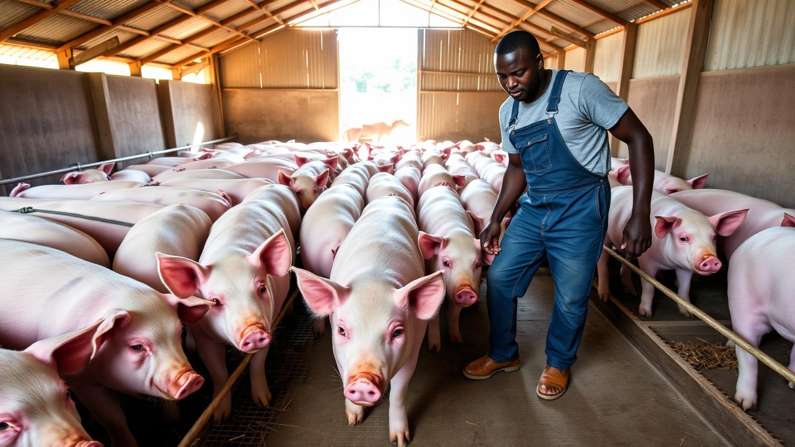 A Ghanaian pig farmer in overalls inspecting healthy Large White pigs in a clean concrete-floored barn.