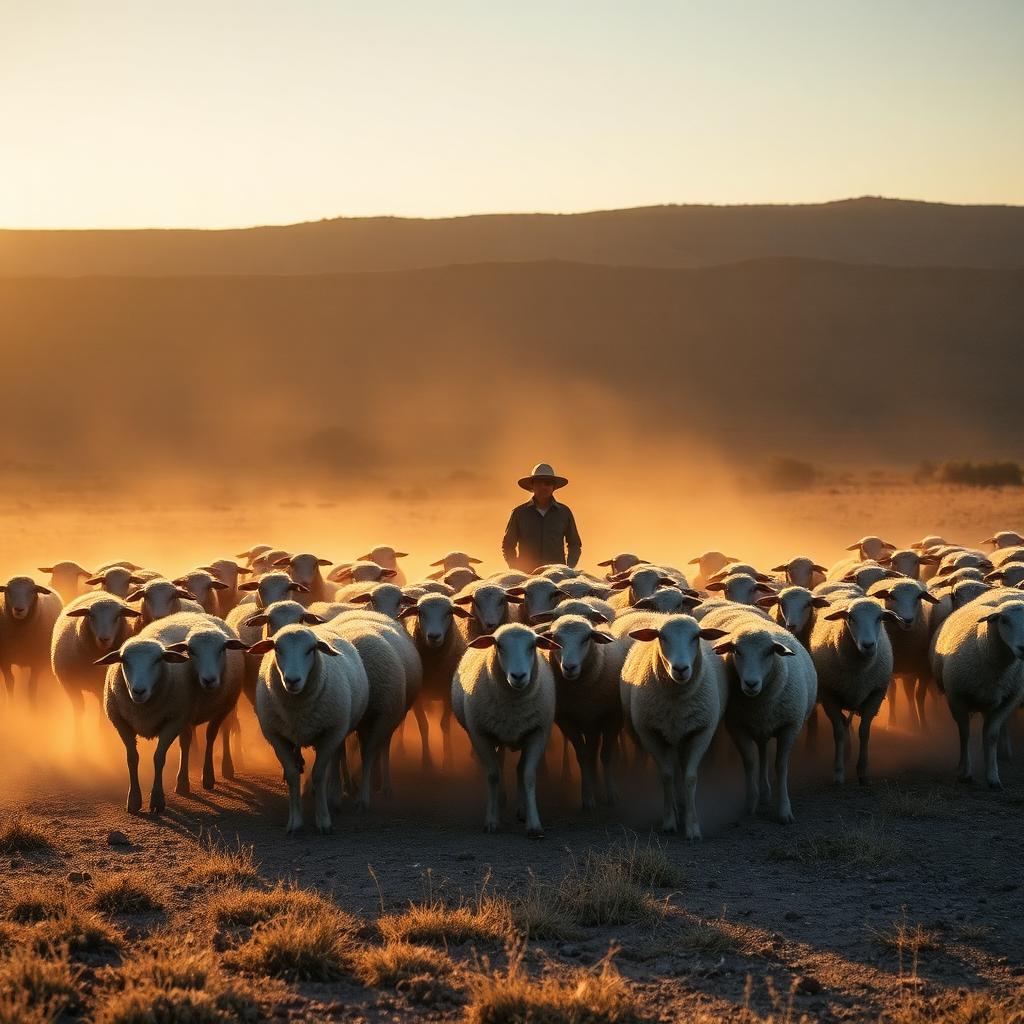 A South African sheep farmer with a flock of Dorper sheep on Karoo veld at sunrise.