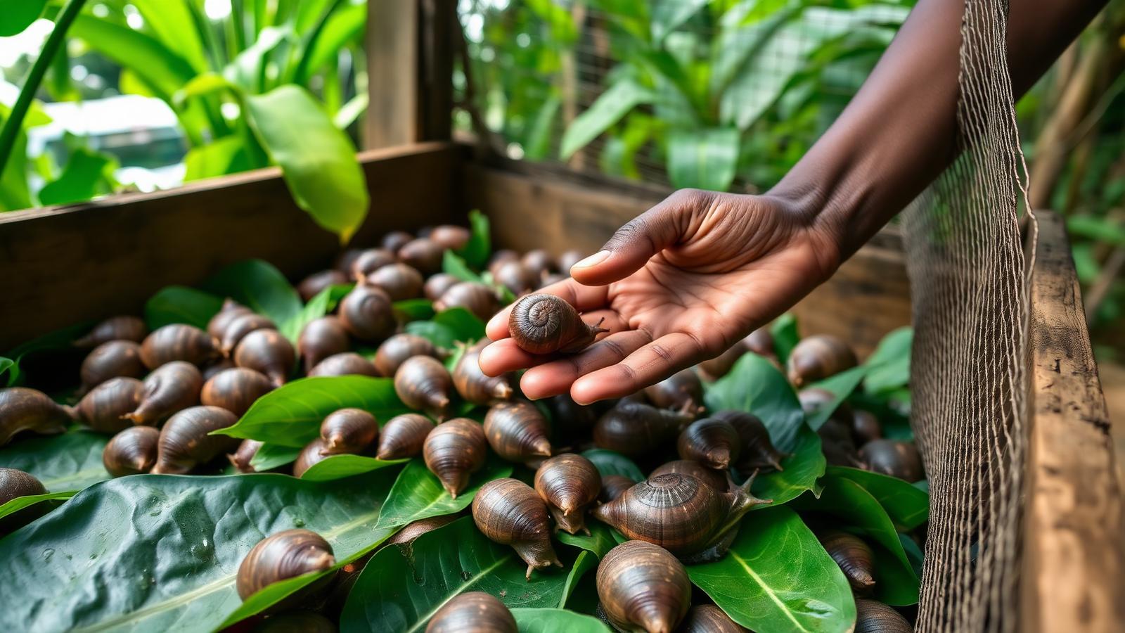 A Ghanaian snail farmer holding an Achatina achatina snail over damp leaves inside a wooden pen.